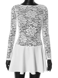 Robe trapèze à superposition de dentelle mini robe de soirée transparente à manches longues pour femmes 2026