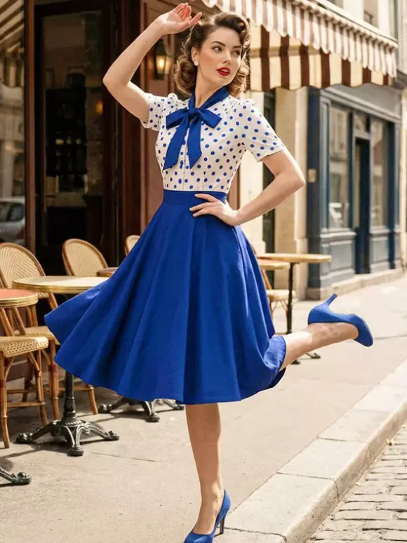 Robe trapèze rétro à pois patchwork col n艙ud papillon manches courtes collection 2026
