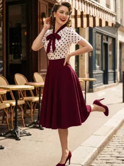 Robe trapèze rétro à pois patchwork col n艙ud papillon manches courtes collection 2026