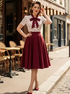 Robe trapèze rétro à pois patchwork col n艙ud papillon manches courtes collection 2026