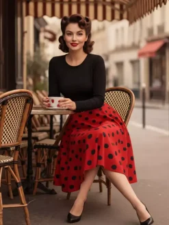 Robe trapèze vintage à pois pour femme - Robe midi trapèze à manches longues et ceinture style rockabilly années 50 - Tenue rétro printemps 2026