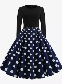 Robe trapèze vintage à pois pour femme - Robe midi trapèze à manches longues et ceinture style rockabilly années 50 - Tenue rétro printemps 2026