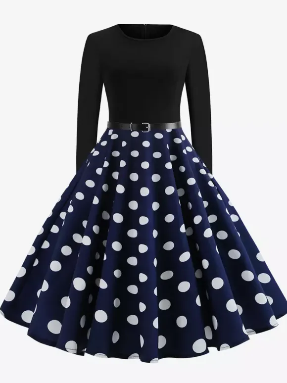 Robe trapèze vintage à pois pour femme - Robe midi trapèze à manches longues et ceinture style rockabilly années 50 - Tenue rétro printemps 2026
