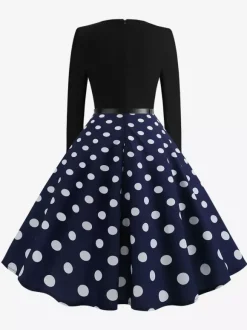 Robe trapèze vintage à pois pour femme - Robe midi trapèze à manches longues et ceinture style rockabilly années 50 - Tenue rétro printemps 2026