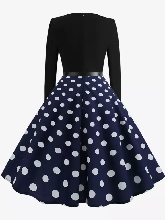 Robe trapèze vintage à pois pour femme - Robe midi trapèze à manches longues et ceinture style rockabilly années 50 - Tenue rétro printemps 2026