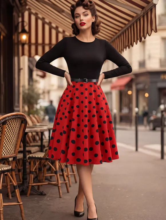 Robe trapèze vintage à pois pour femme - Robe midi trapèze à manches longues et ceinture style rockabilly années 50 - Tenue rétro printemps 2026