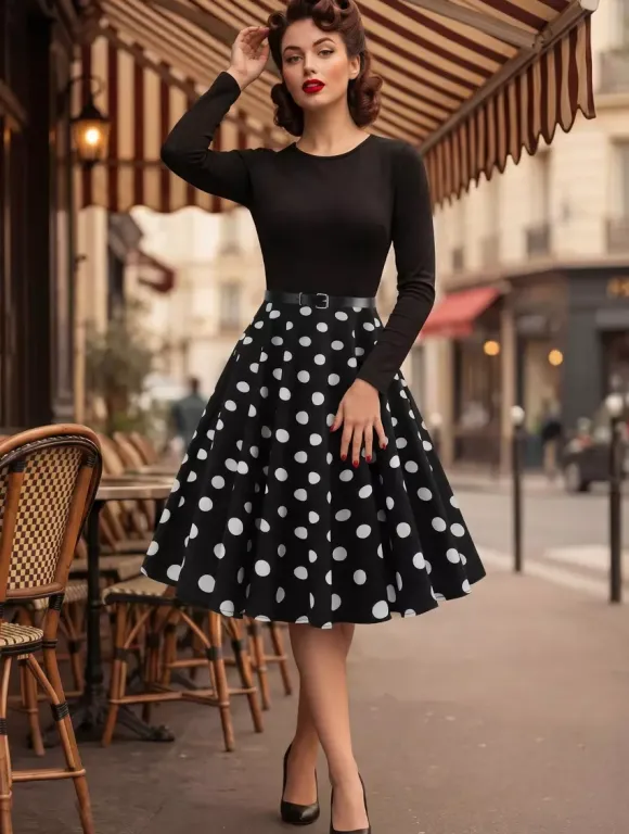 Robe trapèze vintage à pois pour femme - Robe midi trapèze à manches longues et ceinture style rockabilly années 50 - Tenue rétro printemps 2026
