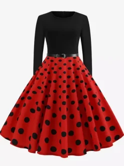Robe trapèze vintage à pois pour femme - Robe midi trapèze à manches longues et ceinture style rockabilly années 50 - Tenue rétro printemps 2026