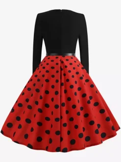 Robe trapèze vintage à pois pour femme - Robe midi trapèze à manches longues et ceinture style rockabilly années 50 - Tenue rétro printemps 2026