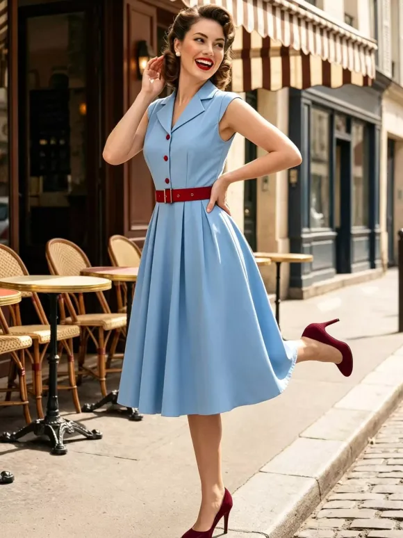 Robe trapèze vintage années 1950 pour femme sans manches à col idéale pour un tea party.