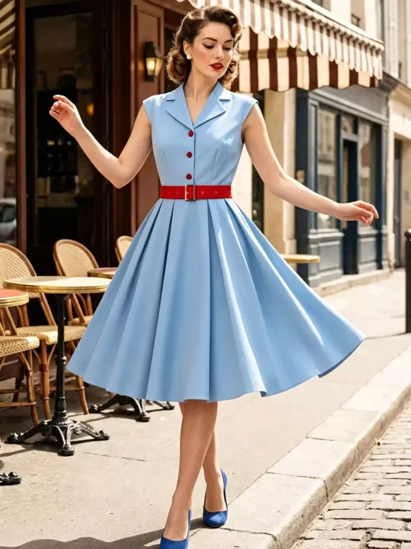 Robe trapèze vintage années 1950 pour femme sans manches à col idéale pour un tea party.