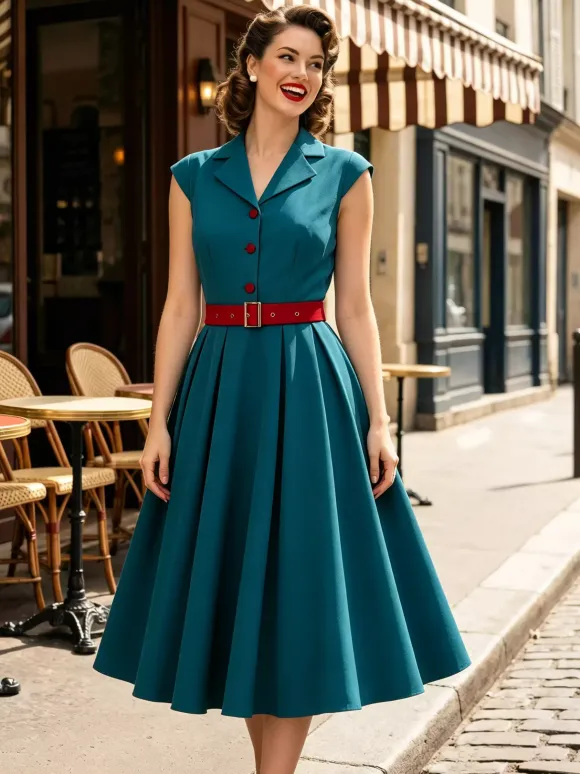 Robe trapèze vintage années 1950 pour femme sans manches à col idéale pour un tea party.