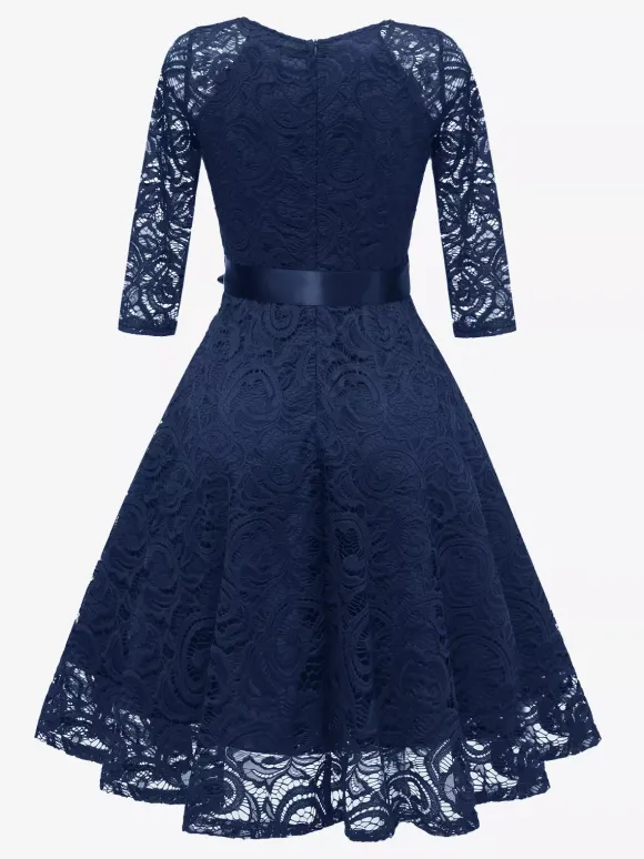 Robe trapèze vintage en dentelle pour femme - Années 1950 col en V manches 3/4 ceinture coupe midi - Invitée à un mariage de printemps 2026