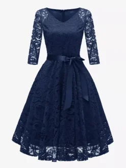 Robe trapèze vintage en dentelle pour femme - Années 1950 col en V manches 3/4 ceinture coupe midi - Invitée à un mariage de printemps 2026