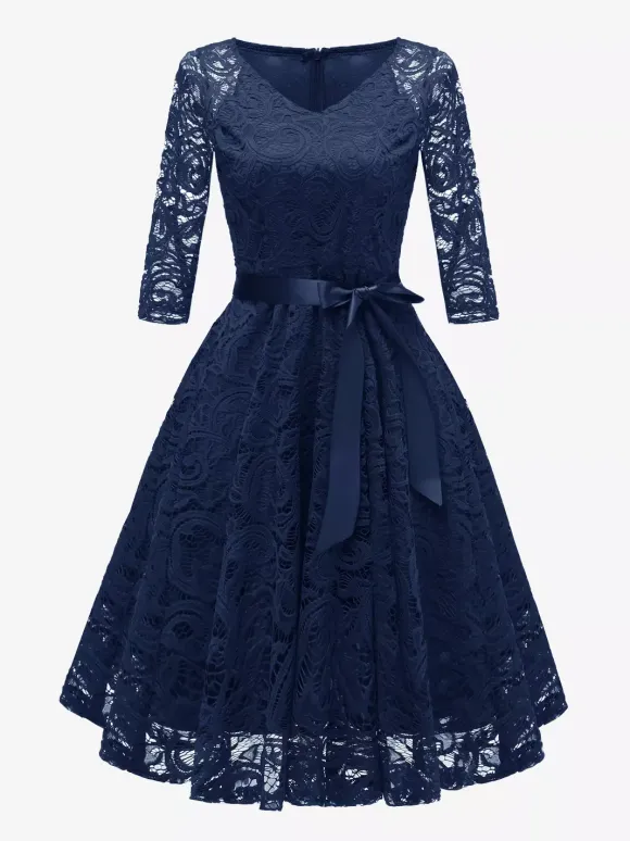Robe trapèze vintage en dentelle pour femme - Années 1950 col en V manches 3/4 ceinture coupe midi - Invitée à un mariage de printemps 2026