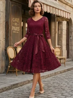 Robe trapèze vintage en dentelle pour femme - Années 1950 col en V manches 3/4 ceinture coupe midi - Invitée à un mariage de printemps 2026
