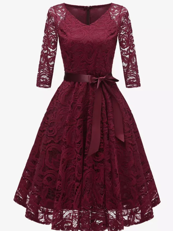 Robe trapèze vintage en dentelle pour femme - Années 1950 col en V manches 3/4 ceinture coupe midi - Invitée à un mariage de printemps 2026