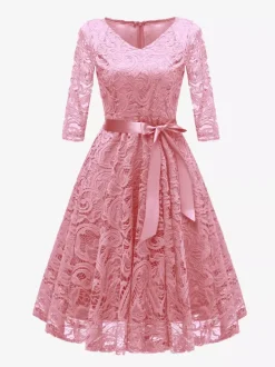 Robe trapèze vintage en dentelle pour femme - Années 1950 col en V manches 3/4 ceinture coupe midi - Invitée à un mariage de printemps 2026