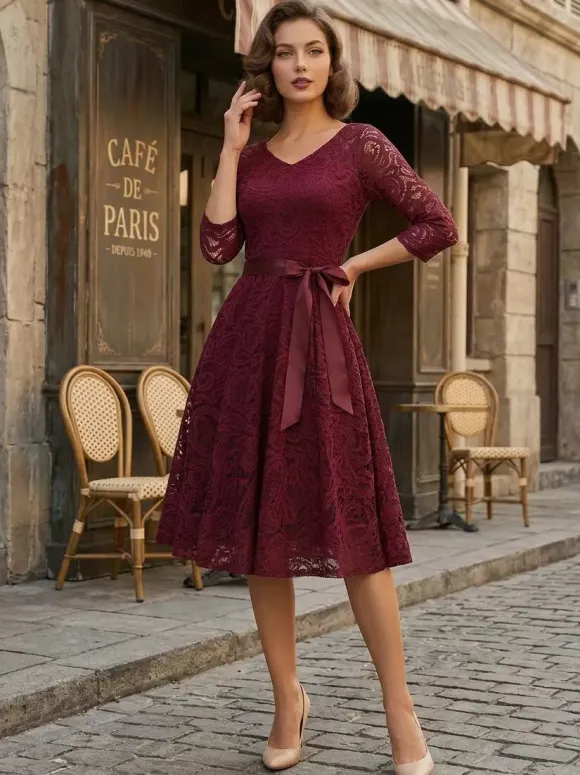 Robe trapèze vintage en dentelle pour femme - Années 1950 col en V manches 3/4 ceinture coupe midi - Invitée à un mariage de printemps 2026