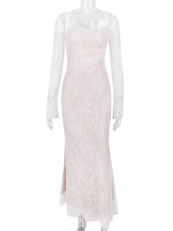 Robe trompette à lacets découpes broderie florale manches longues robes de bal