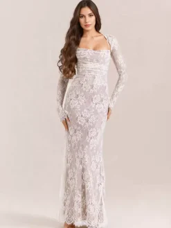 Robe trompette à lacets découpes broderie florale manches longues robes de bal