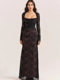 Robe trompette à lacets découpes broderie florale manches longues robes de bal