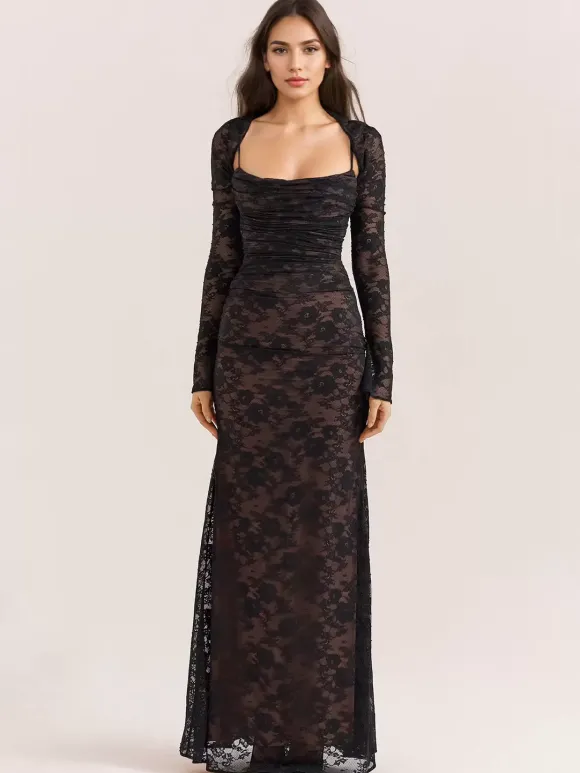 Robe trompette à lacets découpes broderie florale manches longues robes de bal