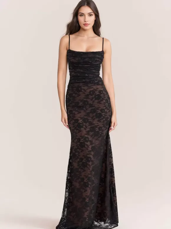 Robe trompette à lacets découpes broderie florale manches longues robes de bal