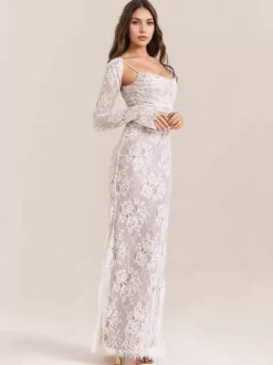 Robe trompette à lacets découpes broderie florale manches longues robes de bal