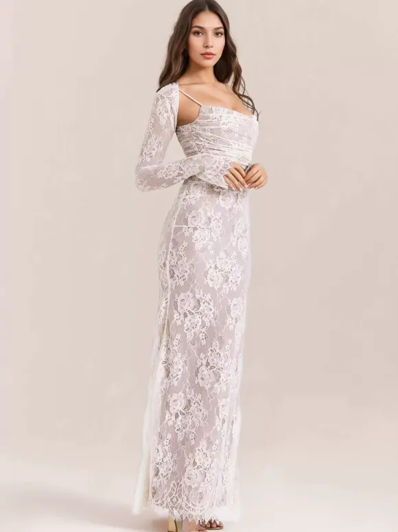 Robe trompette à lacets découpes broderie florale manches longues robes de bal