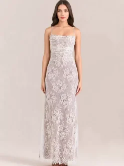 Robe trompette à lacets découpes broderie florale manches longues robes de bal