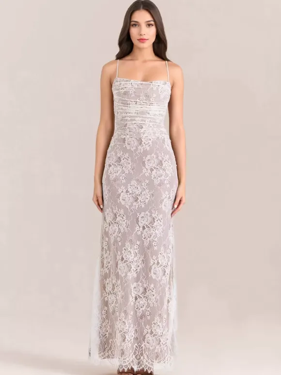 Robe trompette à lacets découpes broderie florale manches longues robes de bal