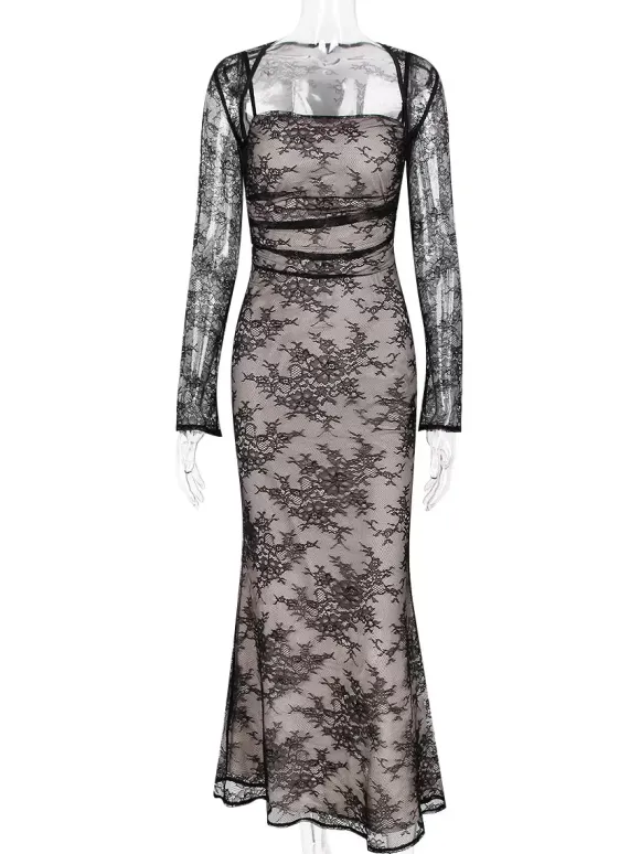 Robe trompette à lacets découpes broderie florale manches longues robes de bal