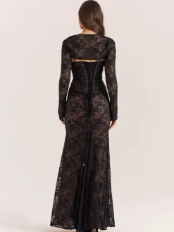 Robe trompette à lacets découpes broderie florale manches longues robes de bal