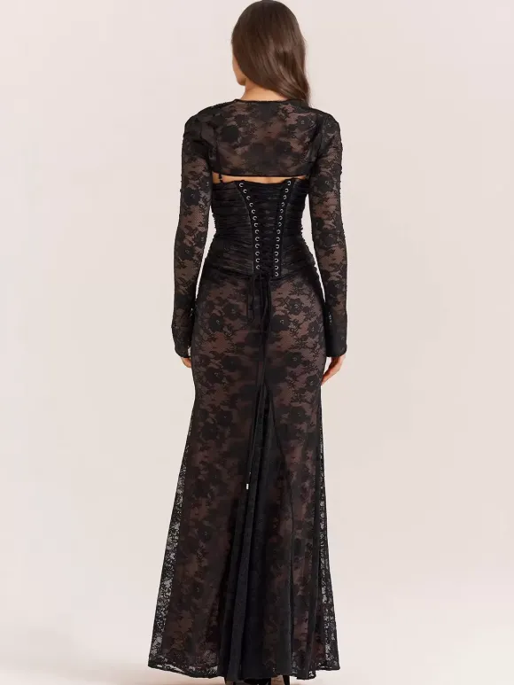Robe trompette à lacets découpes broderie florale manches longues robes de bal