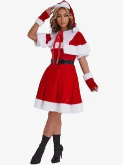 Robe tunique de Noël femmes Gants en fibre de polyester rouge Robe à ceinture Polyester Bloc de couleur Costumes de vacances de Noël