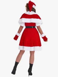 Robe tunique de Noël femmes Gants en fibre de polyester rouge Robe à ceinture Polyester Bloc de couleur Costumes de vacances de Noël