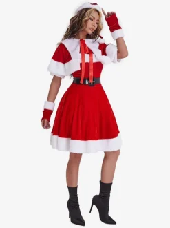 Robe tunique de Noël femmes Gants en fibre de polyester rouge Robe à ceinture Polyester Bloc de couleur Costumes de vacances de Noël