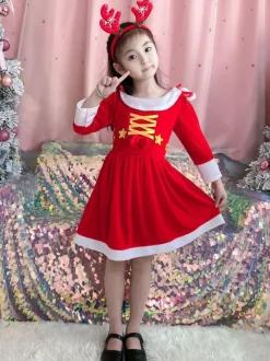Robe Tunique Enfants Noël Robe De Soirée Cadeaux Noël En Fibre De Polyester Rouge
