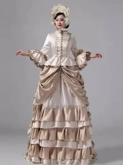 Robe victorienne champagne à volants manches longues évasées style maxi style rétro