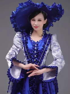 Robe victorienne champagne à tournure épaules rembourrées manches longues élégante robe de bal rétro en polyester avec chapeau.