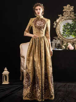 Robe Victorienne Costumes Femmes Blonde Demi Manches Col Montant Époque Victorienne Style Marie Antoinette Costume Robe Mascarade Robe De Bal