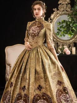 Robe Victorienne Costumes Femmes Blonde Demi Manches Col Montant Époque Victorienne Style Marie Antoinette Costume Robe Mascarade Robe De Bal