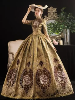 Robe Victorienne Costumes Femmes Blonde Demi Manches Col Montant Époque Victorienne Style Marie Antoinette Costume Robe Mascarade Robe De Bal