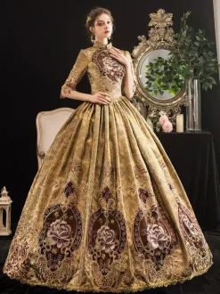 Robe Victorienne Costumes Femmes Blonde Demi Manches Col Montant Époque Victorienne Style Marie Antoinette Costume Robe Mascarade Robe De Bal