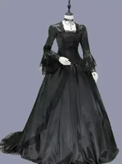Robe Victorienne Noire Corset à Volants et Dentelle Costume Femme Marie-Antoinette Style Gothique Rococo pour Bal Masqué