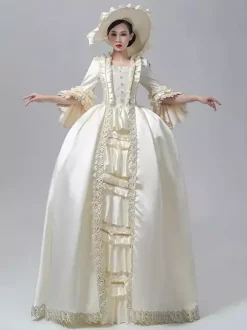 Robe victorienne pour femme couleur champagne manches longues style rétro robe de bal avec chapeau.