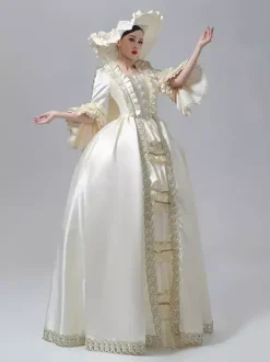 Robe victorienne pour femme couleur champagne manches longues style rétro robe de bal avec chapeau.
