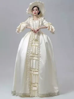 Robe victorienne pour femme couleur champagne manches longues style rétro robe de bal avec chapeau.