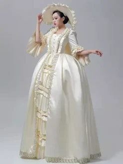 Robe victorienne pour femme couleur champagne manches longues style rétro robe de bal avec chapeau.